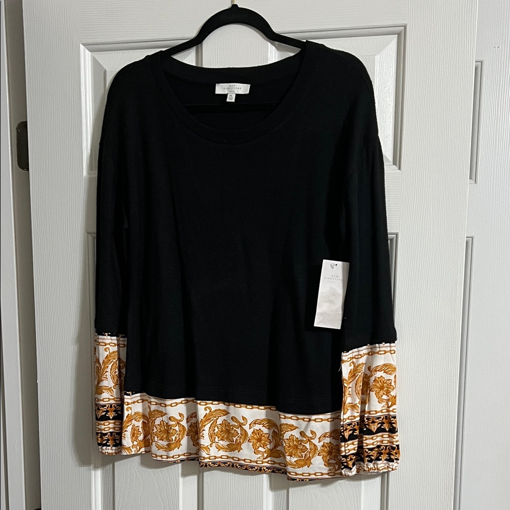 NWT New Directions Black and Gold Chain Patterned Long Sleeve Blouse Petite L